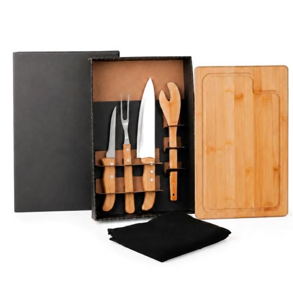 Kit para churrasco em bambu madeira inox com avental - 6 pçs