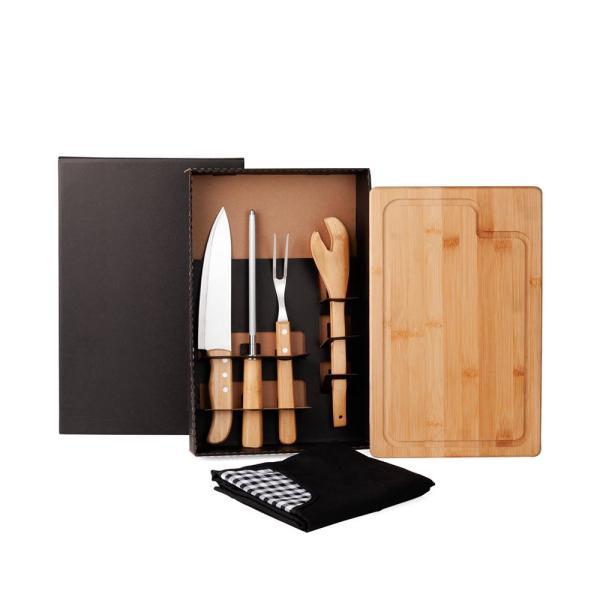 Kit para churrasco em bambu madeira inox com avental - 6 pçs