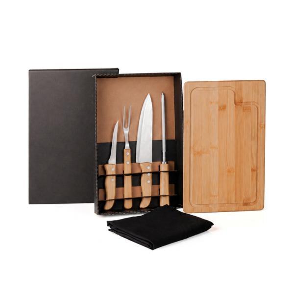 Kit para churrasco em bambu madeira inox com avental - 6 pçs