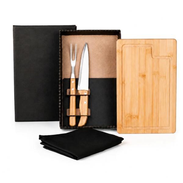 Kit para churrasco em bambu madeira inox com avental - 4 pçs