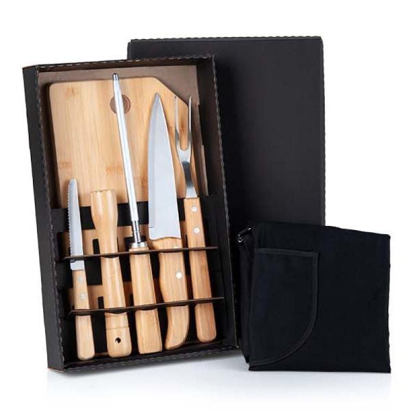 Kit para churrasco em bambu madeira inox com avental- 8 pçs