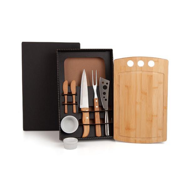 Conj. para churrasco e petisco em bambu madeira inox - 2 em 1