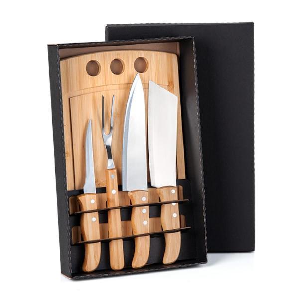 Kit para churrasco cozinha em bambu madeira inox - 5 pçs
