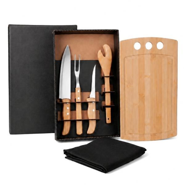 Kit para churrasco em bambu madeira inox com avental - 6 pçs
