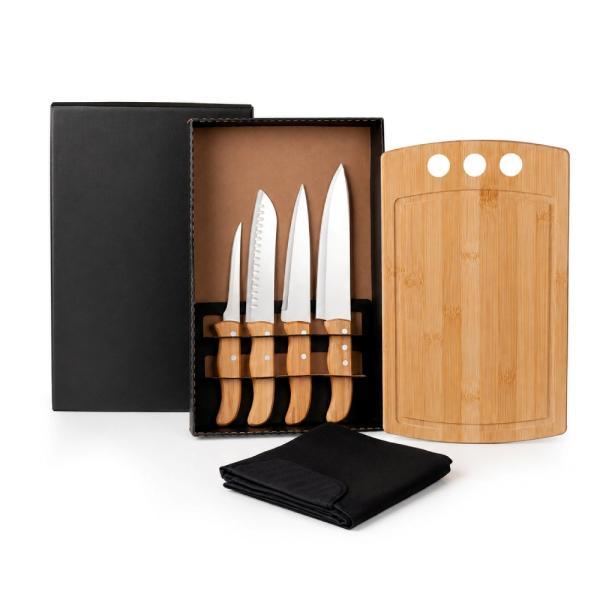 Kit para cozinha em bambu madeira inox com avental - 6 pçs