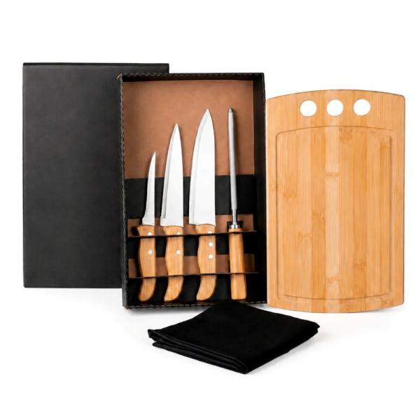 Kit para cozinha em bambu madeira inox com avental - 6 pçs