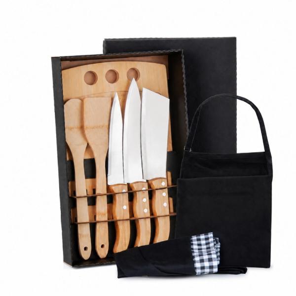 Kit para cozinha em bambu madeira inox com avental e touca - 8 pçs