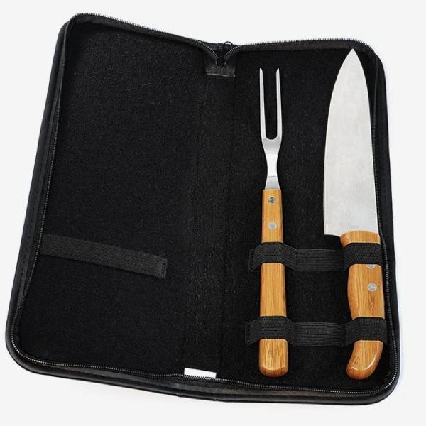 Conj. garfo e faca bambu madeira inox com estojo frankfurt - 3 pçs