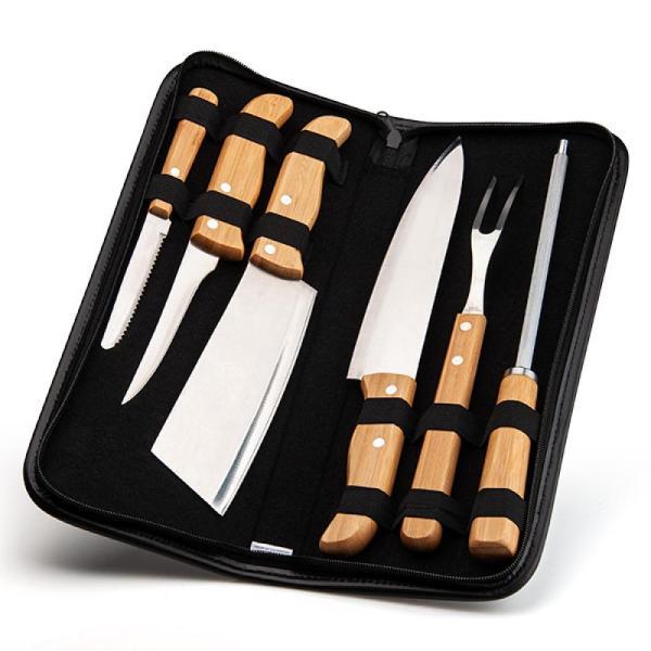 Conj. de facas bambu madeira inox com estojo frankfurt - 7 pçs