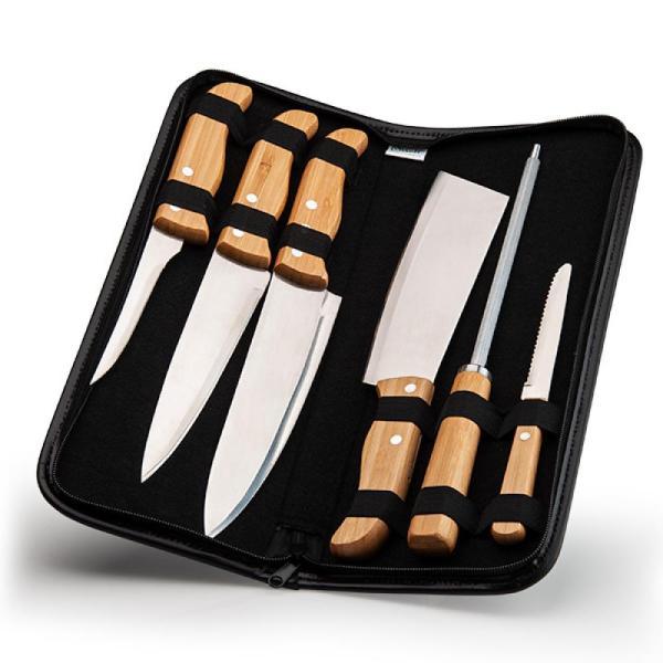 Conj. de facas bambu madeira inox com estojo frankfurt - 7 pçs