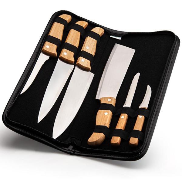 Conj. de facas bambu madeira inox com estojo frankfurt - 7 pçs