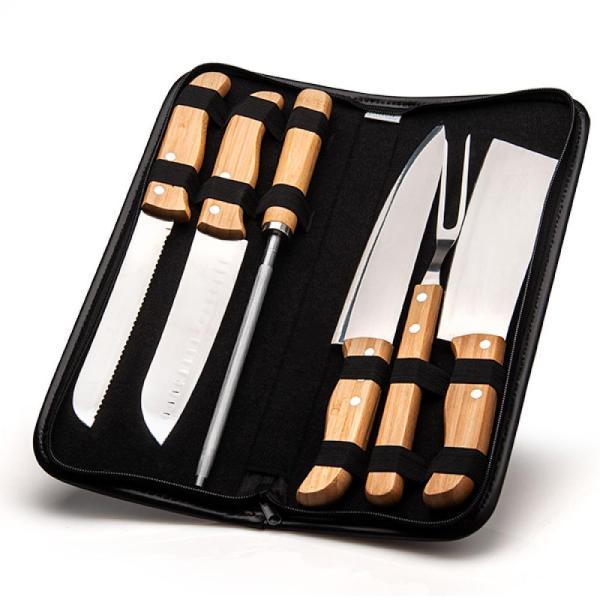 Conj. de facas bambu madeira inox com estojo frankfurt - 7 pçs