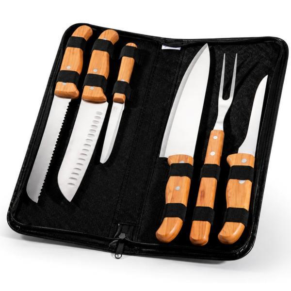 Conj. de facas bambu madeira inox com estojo frankfurt - 7 pçs