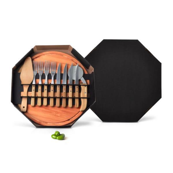 Conj. para pizza em bambumadeirainox 35 cm - 11 pçs