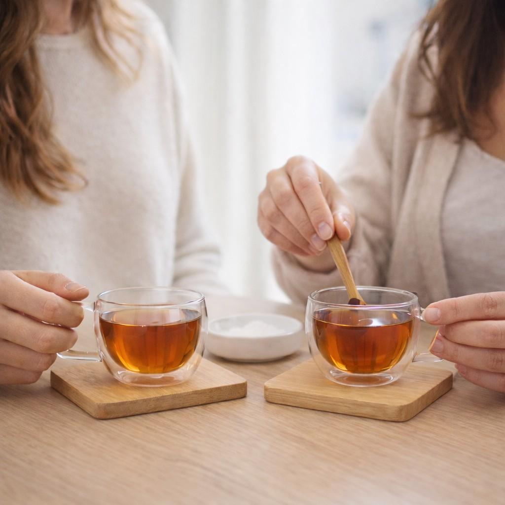 Conjunto 2 xícaras de café em vidro borosilicato 70ml e mexedor em bambu