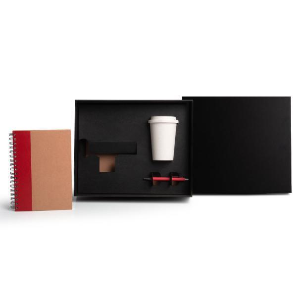 Kit copo em fibra de bambu, caderno e caneta - vermelho - 3 pçs