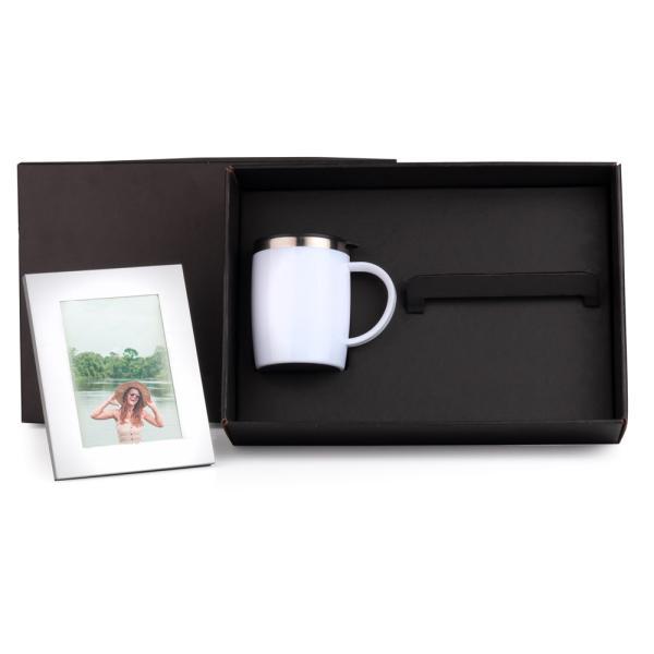Kit caneca em aço inox e porta-retrato em alumínio - 2 pçs